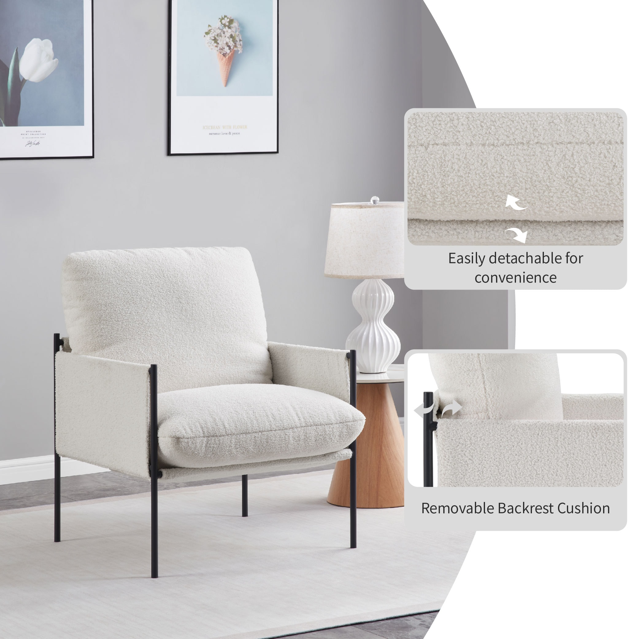Modern Accent Chair, Comfy Chair With Removable Cushion, Vanity Chair With Wood Armrests For Living Room, Bedroom, White_voghion.com